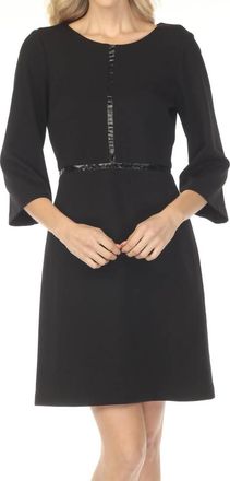 Joseph Ribkoff Faux Leather Trim 3/4 Sleeve Mini Dress In Black