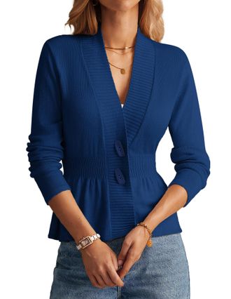 Grace Karin Women Cardigan Sweaters 2025 Fall,Long Sleeve Cropped Sweater Coat Trendy,Button Front Peplum Tops Lightweight, Royal Blue, L