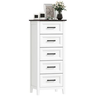 HOMCOM Homcom C&oacute;moda 5 Cajones, C&oacute;moda Dormitorio Estrecho Y Alto Con Encimera Efecto Madera, Cajonera Para Espacios Peque&ntilde;os, Sal&oacute;n, 45x35x106 Cm, Blanco