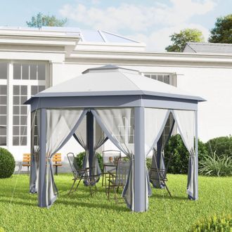 OUTSUNNY 3x4m Hexagon Gazebo w/ Metal Frame Mesh Curtains Outdoor Garden in Grey