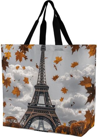 Generic Eiffel Tower With Autumn Leaves Tote Bag Large Capacity Carry Bag Portable Grocery Bags For Beach Yoga Travel