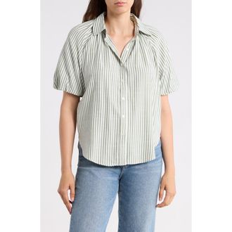 Max Studio Bubble Sleeve Boyfriend Shirt in Green/Cream Stripe at Nordstrom Rack, Size X-Large