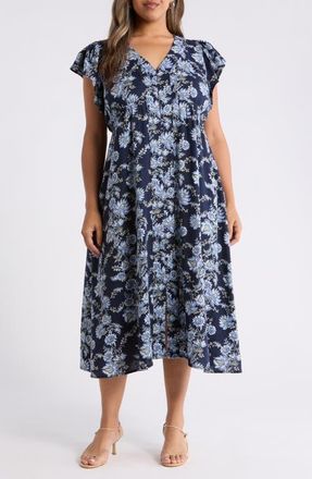 Treasure & Bond Short Sleeve Button Down Linen Blend Midi Dress in Navy Cottage Floral Stripe at Nordstrom, Size 2X