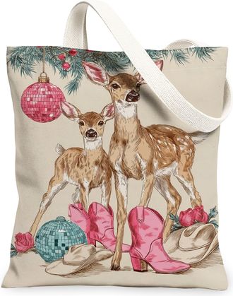 Generic Winter Deer Canvas Tote Bags, Rustic Animal Print Reusable Grocery Bags, Vintage Floral Lightweight Washable Shoulder Strap, Beige, 13x15 Inch