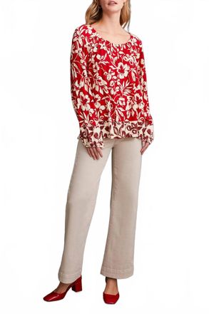 Tribal Long Sleeve Peasant Top With Buttons In Scarlet