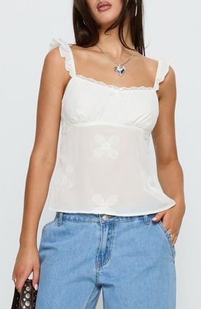 Princess Polly Madaleine Floral Embroidered Ruffle Strap Top in White at Nordstrom, Size 0