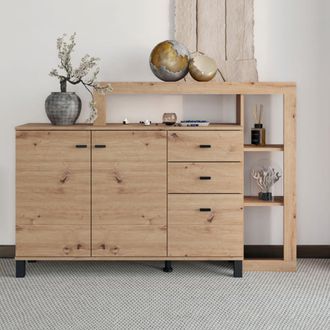 Dmora Credenza Valiza, Alacena 4 Estantes, 3 Cajones, 6 Compartimentos, 145x35x101h Cm Marr&oacute;n Roble Nudos