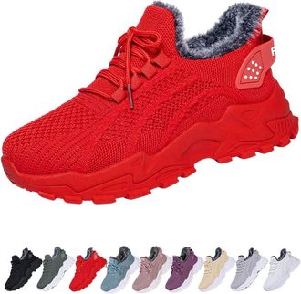 Generic Womens Winter Warm Sneakers - Cozy Fur Lined Lightweight Walking Shoes for Comfortable Indoor and Outdoor Wear(Red,7.5-8)
