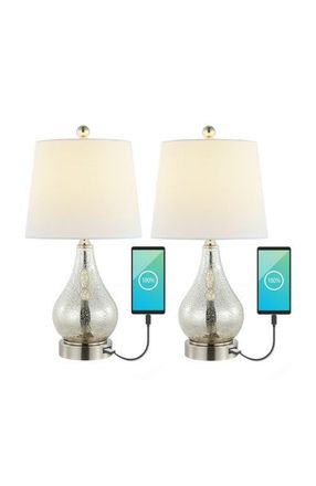 Jonathan Y Designs Dino 21 Farmhouse Industrial Iron/Glass LED Table Lamp with USB Charging Port, Silver at Nordstrom