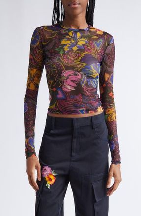 Area Hotfix Printed Tulle Long Sleeve Top in Black Multi at Nordstrom, Size X-Small