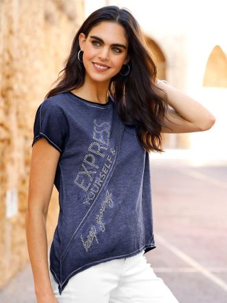 Heine T-Shirt HEINE Shirt, Damen, Gr. 34, marine, 100% Baumwolle, bedruckt, gemustert, unifarben, Rundhals, Shirts T-Shirt