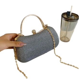 Generic Glitter Evening Banquet Bag, Clutch Handbag with Chain, Retro Rhinestone Crossbody Bag, Portable Purse Chain Bag for Wedding Party(Grey)