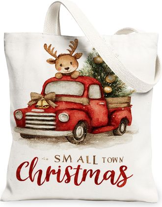 Generic Christmas Truck Canvas Tote Bags, Festive Reusable Grocery Bags, Lightweight Washable Shoulder Strap Canvas for Holiday Tra, White, 13x15 Inch