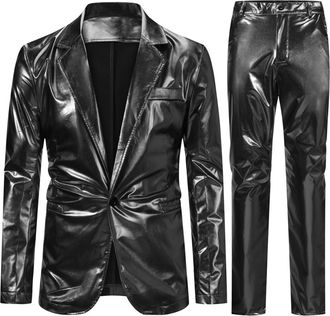 AlltheMen Mens Shiny 2 Piece Suits Slim Fit 1 Button Tuxedo Suits Casual Jacket Trousers for Wedding Party Black L