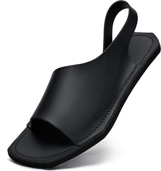 Generic Mens Genuine Leather Flat Slides Sandals Classic Round Open Toe Slip On Non Slip Outdoor Casual Slippers Summer Lightweight Beach Sandals (Black,11.5)