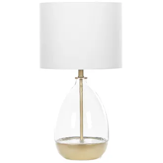 Beliani L&aacute;mpara De Mesa De Vidrio Transparente Blanco Dorado Pantalla De Tela 63 Cm Forma De Jarr&oacute;n Cable Con Interruptor Sala De Estar Okari