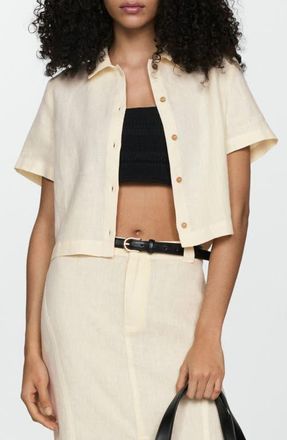 Mango Short Sleeve Linen Button-Up Shirt in Pastel Yellow at Nordstrom, Size 8