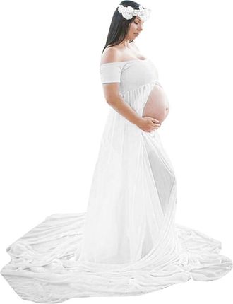 Generic Maternity Dress for Photography Off Shoulder Chiffon Front Split Long Maxi Pregnant Dress for Photoshoot Baby Wearing Coat (White, M)