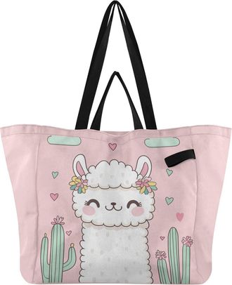 Generic White Llama Cactus Hearts pattern Reusable Canvas Tote Bag, Heavy Duty Grocery Shopping Bag with Large Capacity Double Handles Hard Bottom Work Grocer