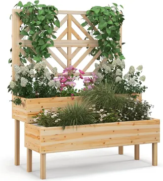 Costway Costway - Cama Elevada De Jard&iacute;n De 2 Niveles Con Enrejado, Caja De Cultivo Elevada De Madera Con Patas, Agujero De Drenaje, Maceta Interior Y Exterio