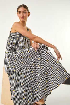Roman Gingham Embroidered Midi Dress