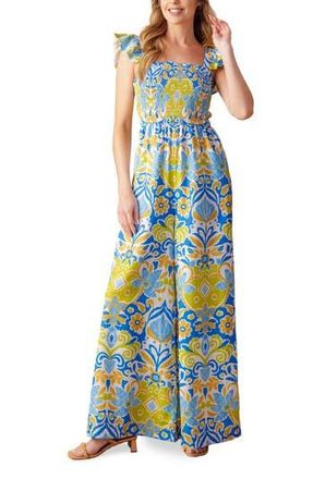 Flying Tomato Smocked Flutter Sleeve Jumpsuit in Ivory Blue at Nordstrom Rack, Size Medium