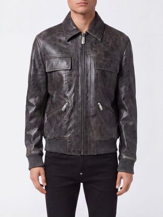 Philipp Plein Leather Bomber Jacket with Classic Collar and Patch Pockets