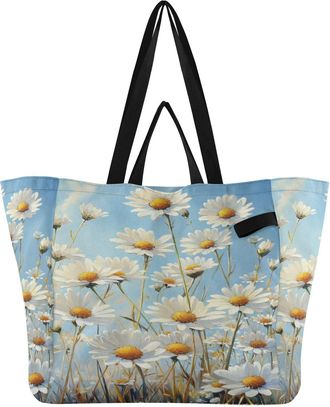 Generic Flower Field White print Reusable Canvas Tote Bag, Heavy Duty Grocery Shopping Bag with Double Handles Large Capacity Hard Bottom Work Groceries Trave