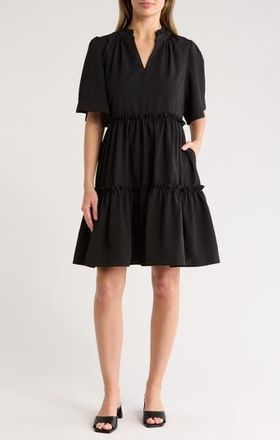 Area Stars Pria Split Neck Tiered Trapeze Dress in Black at Nordstrom Rack, Size X-Small