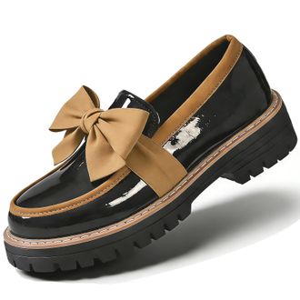 Generic Womens Patent Loafers Wide Width, Elegant Bow Loafers for Women Chunky Platform Loafer Casual Comfortable Dress Shoes (Khaki,7.5)