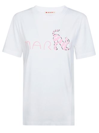 Marni White Round Neck Animal Motif T-Shirt