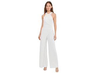 Adrianna Papell Rosette Halter Jumpsuit Womens Dress Ivory : 10, Elastane/Polyester
