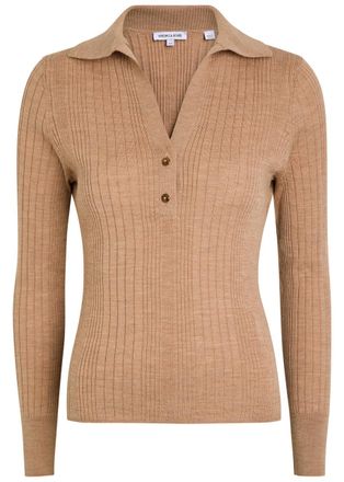 Veronica Beard Rouni V-neck Ribbed Wool top - Khaki - S (UK8-10 / S)