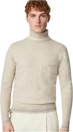 Lubiam Beige Wol Kasjmier Trui met Grijze en Witte Details - Heren - Coltruien - Beige - 3XL - Wol - Truien & Vesten