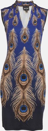 Just Cavalli Navy Blue Peacock Feather Printed Jersey Sleeveless Dress