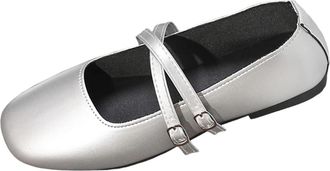 Generic Womens Ballet Flats with Strap Casual Comfortable Pumps Stylish Faux Leather Slip On Dress Shoes Breathable Classic Mary Jane Shoes Work Party Silver
