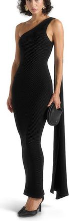 Mani&egrave;re De Voir Laya Asymmetric Knit Midaxi Dress With Scarf in Black at Nordstrom, Size X-Small