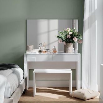 Vicco Tocador Annabelle, Blanco Alto Brillo/blanco, 110 Cm Con Espejo Y Banco