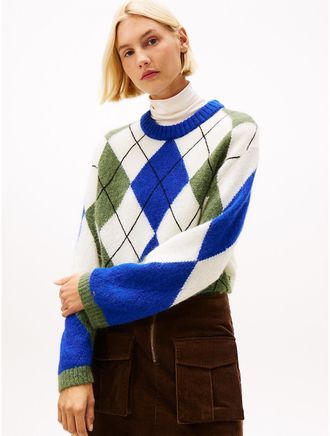 Tommy Hilfiger Womens Oversized Argyle Alpaca Blend Sweater - Blue - S-M