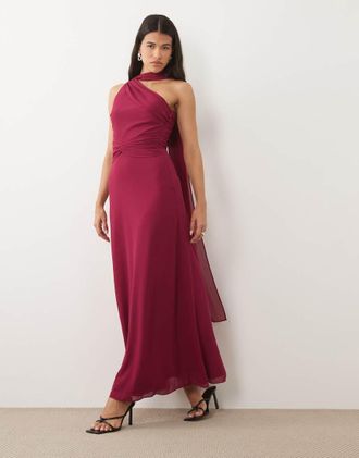 Tfnc Vestito lungo da damigella monospalla in chiffon color lampone con vita attorcigliata e drappeggiata-Rosa