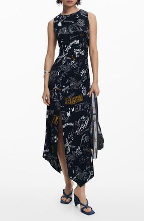 Desigual Slogan Print Asymmetric Hem Dress in Black at Nordstrom, Size X-Small
