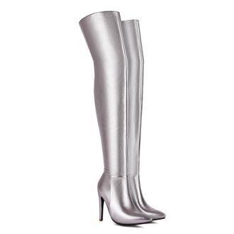 Generic Silver,4.5 UK,Womens Pointed Toe Over The Knee Thigh High Boots Stiletto High Heel Patent Leather PU Side Zipper Fall Boots Dress Shoes for Wedding Pa