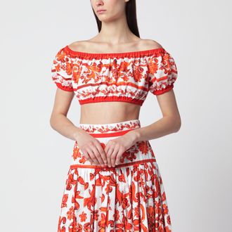 Dolce & Gabbana Top in popeline di cotone con stampa Maiolica arancione