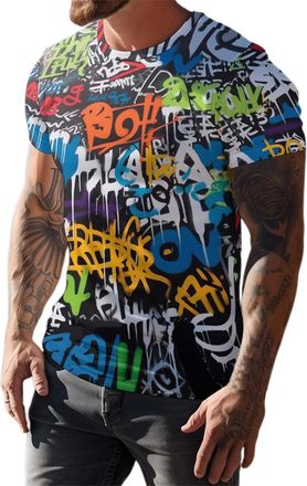 Generic Mens Novelty Hip-hop Graffiti Cool Streetwear Graffitis-Print T-Shirt Colorful Totem Tee Top Dressy Basic Tees Lightweight Holiday Clothes Casual Soft