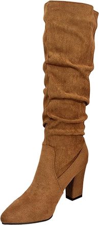 Generic Cowboy Boots Western Cowgirl Boots for Women High Heel Side Zip Suede High Top Shoes Womens Mid Calf Booties Knee Stretchy High Heel Booties Ladies Fa