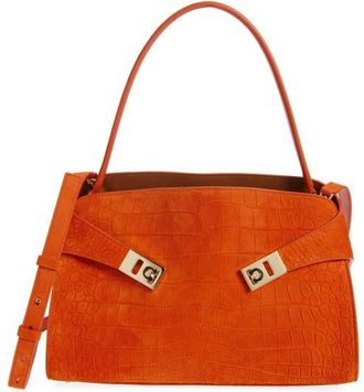 Ferragamo Hug Croc Embossed Suede Handbag in Light Siena Naturale Rst at Nordstrom