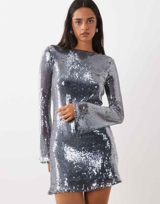 Ra-Re London abito mini a trapezio con collo drappeggiato, schiena aperta e paillettes argento-blu navy