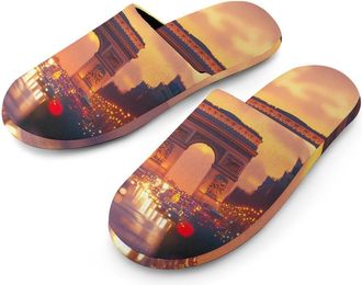Generic France Paris Arc De Triomphe Mens Slippers Flannel Warm House Shoes with Rubber Anti-Slip Sole Slip On for Home Outdoor