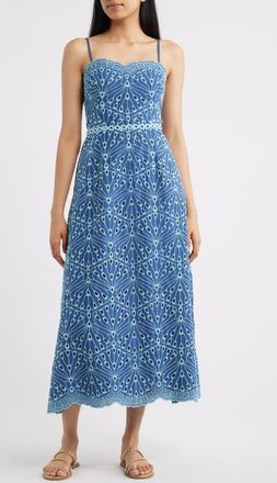 Lilly Pulitzer Arlin Eyelet Embroidered Midi Dress in Starlight Navy X Capri Blue at Nordstrom, Size 6