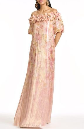 Sachin & Babi Valentina Metallic 3-D Floral Detail Off the Shoulder Gown in Sunset Garden at Nordstrom, Size X-Small